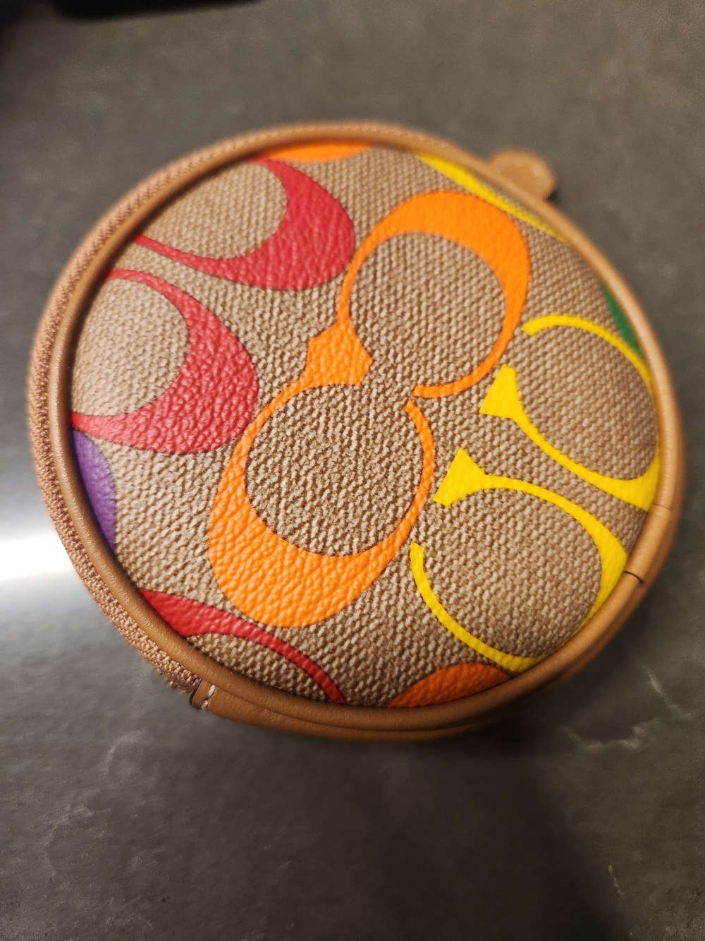PRIDE Coach Round Zip Coin Case in Tan with Multicolor Logo